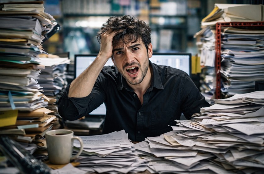 A man at a desk overwhelmed by large stacks of paperwork.