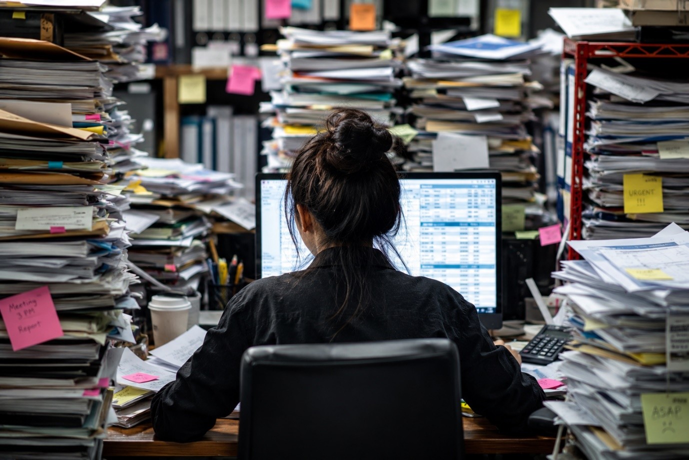 A person at a desk surrounded by tall stacks of paperwork.