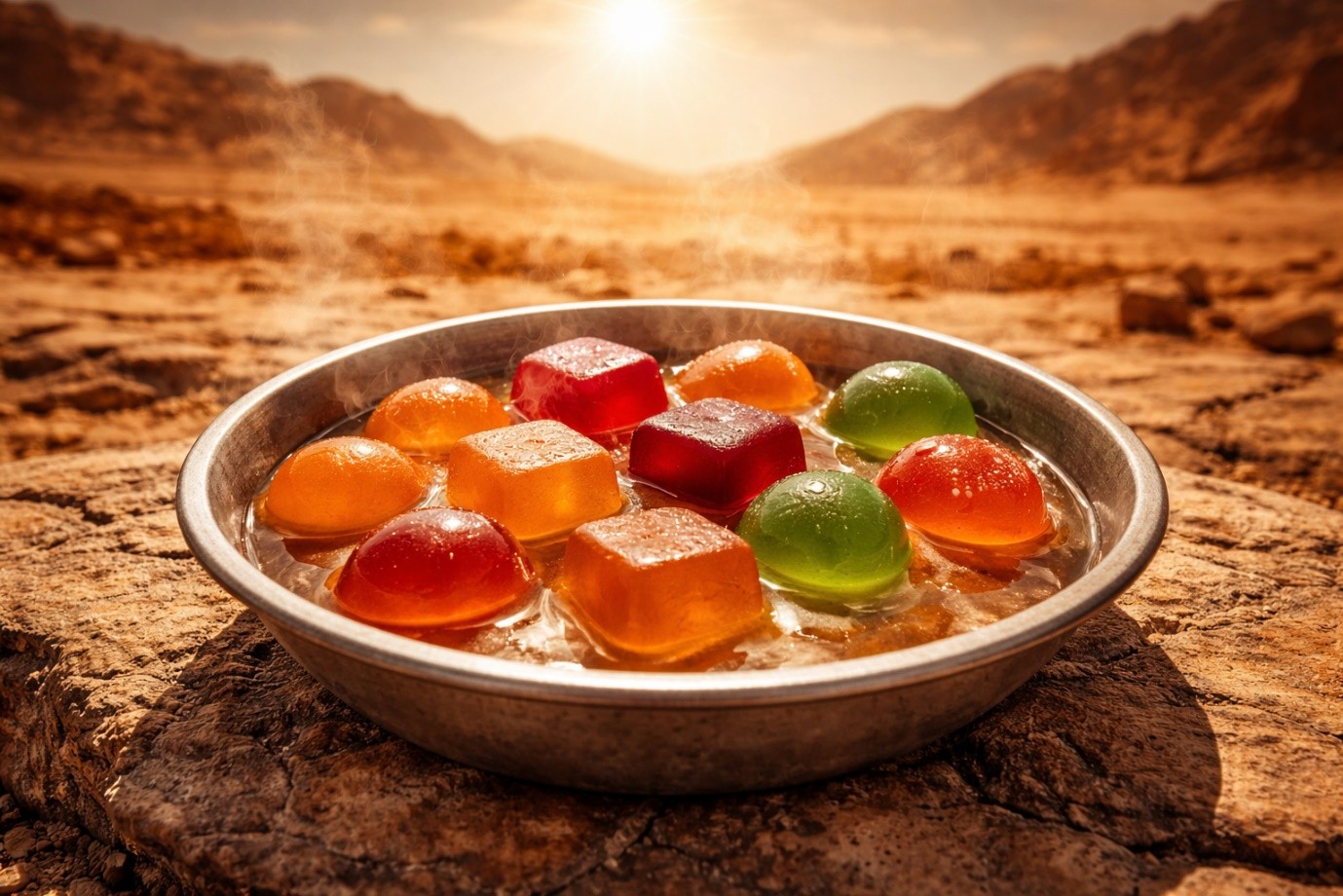 A bowl of melting gummies sitting on a hot desert surface under a bright sun.