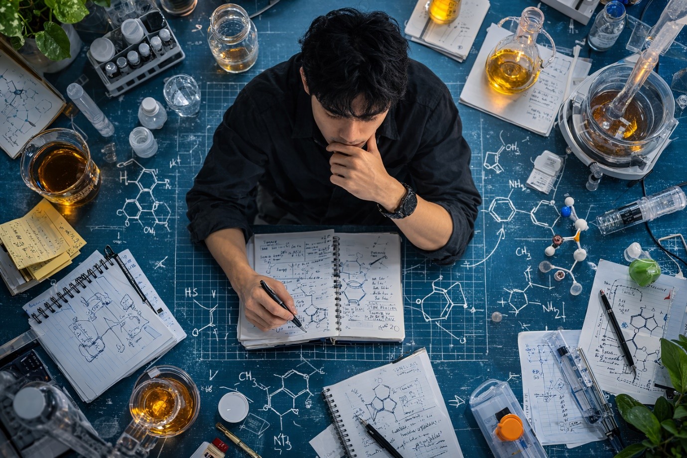 A person at a desk covered in scientific diagrams and laboratory glassware.